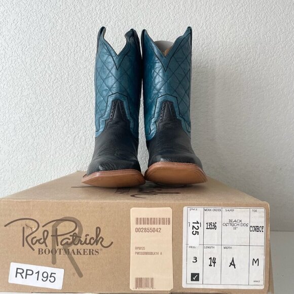 NEW Rod Patrick Mens Cowboy Boots 14A Black Ostrich Blue Top Leather Square Toe - Picture 12 of 14